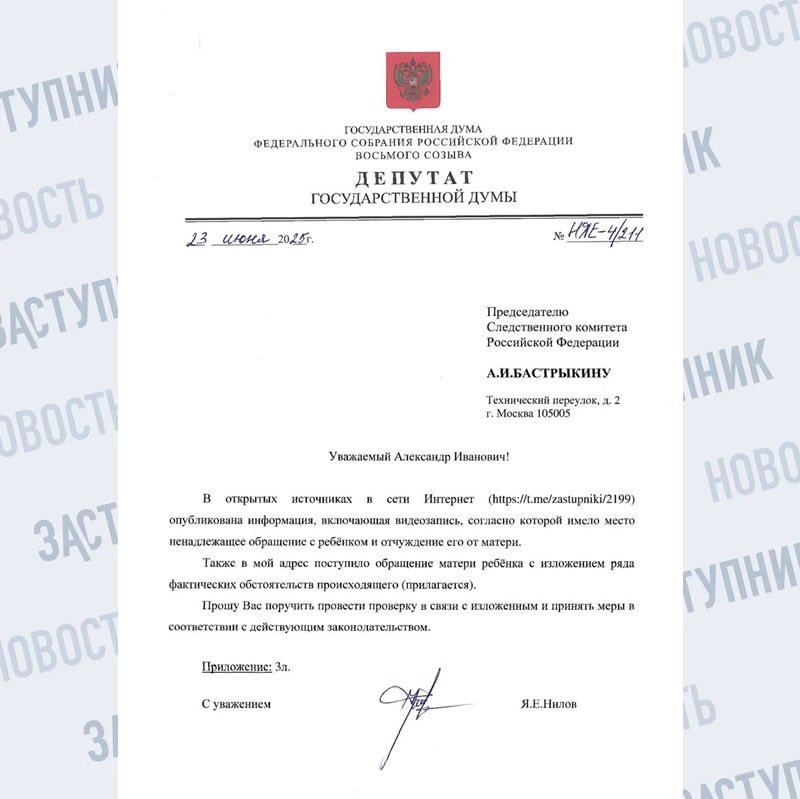 Депутатские запросы главе Следственного комитета РФ Бастрыкину А.И., уполномоченному при Президенте РФ по правам ребёнка Львовой-Беловой М.А. и генеральному прокурору РФ Краснову И.В.